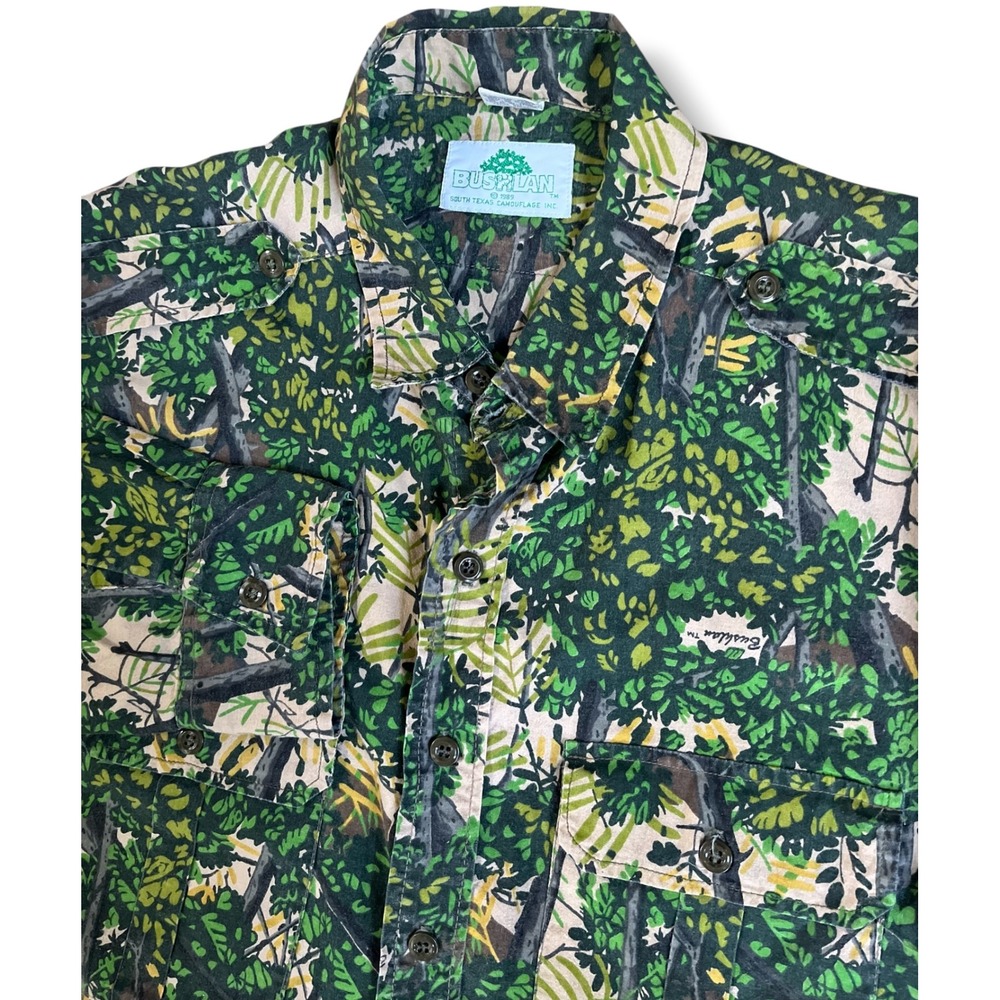 Vintage Bushlan South Texas Camouflage Shirt Mens XL Green Leaf Tree Camo USA
